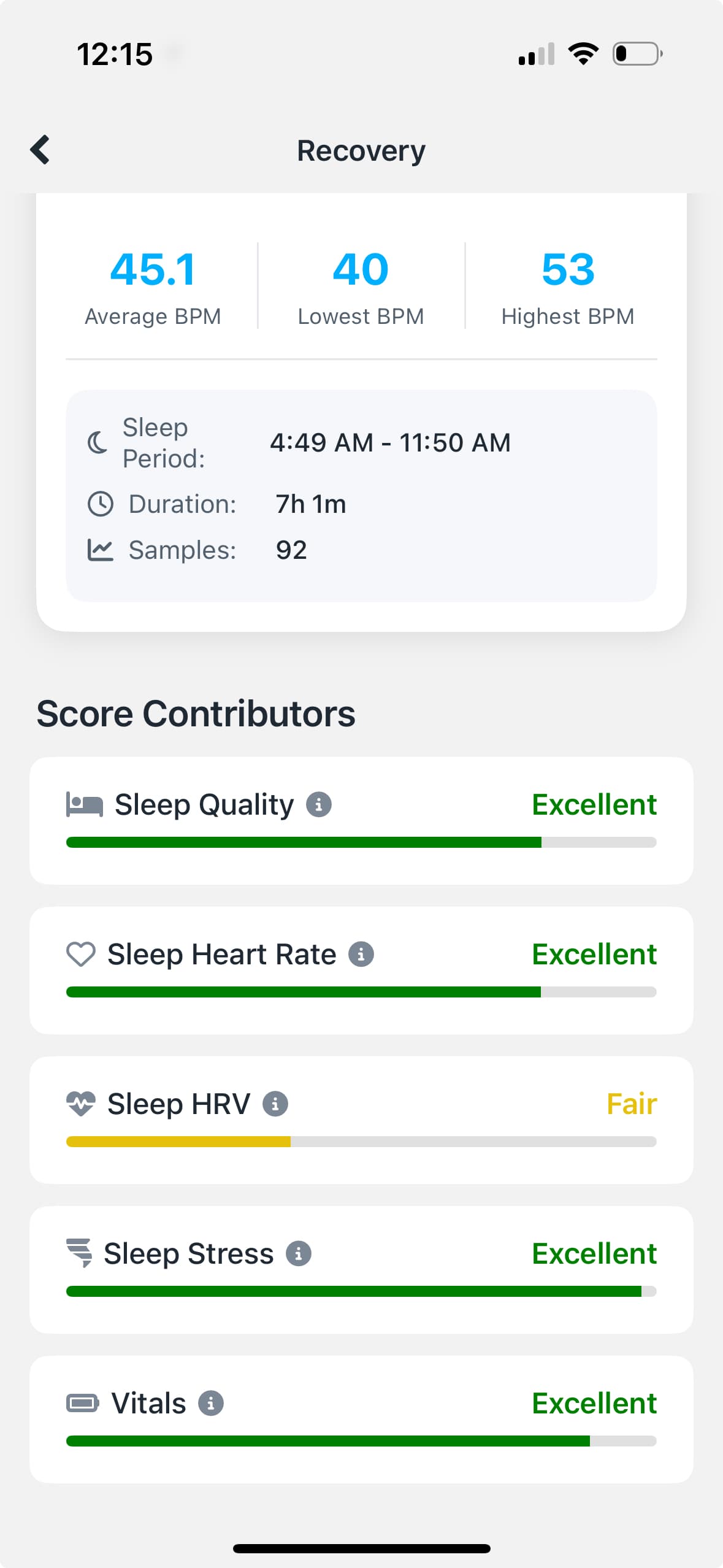Zolt app showing recovery score breakdown with HRV, RHR, and sleep metrics