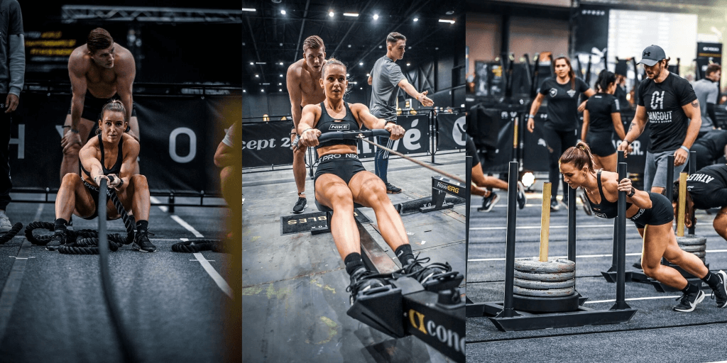 Athletes competing in a HYROX fitness race